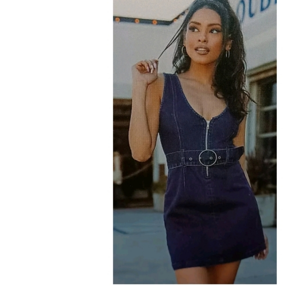 Rewash Dress belted mini denim jean zip down Repreve dress